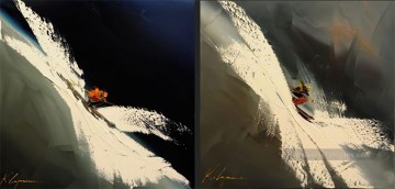 ski deux panneaux en crème Kal Gajoum sport Peinture à l'huile